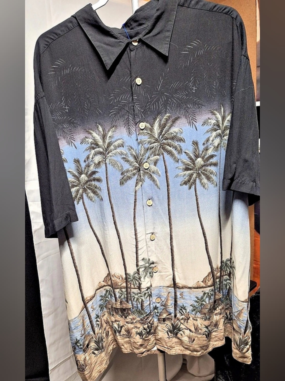 Island Shores Tropical Palm Button Down Black & Blue 3XL